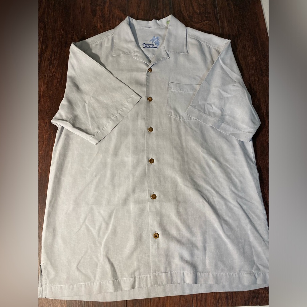 Tommy Bahama Mens Medium Silk Shirt Beige “Carry a Big Stick" Embroidered